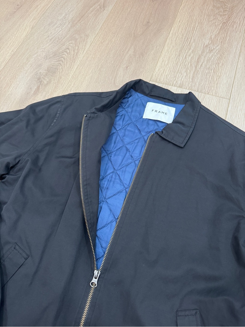 Frame Denim Black Bomber Jacket with Blue Quilted Lining